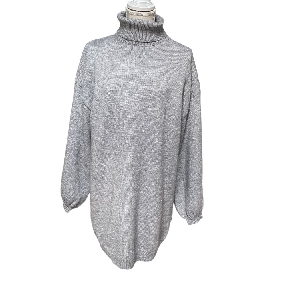Forever 21 Gray Knit Turtleneck Midi Sweater Dress with Bell Sleeve Size: M